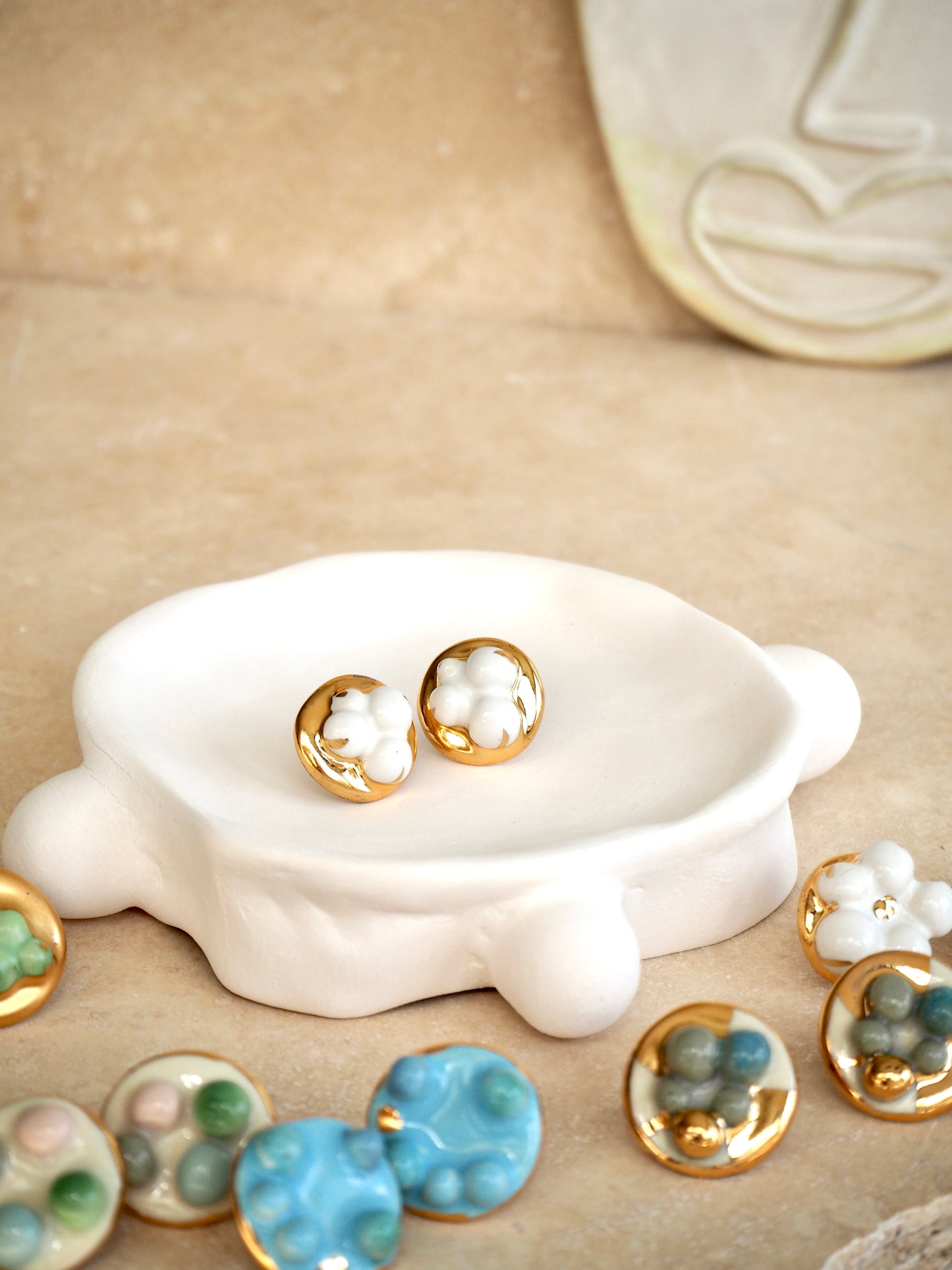the Jocelyn collection “Nuvolosa” handmade Porcelain Earrings with 24k gold lustre details