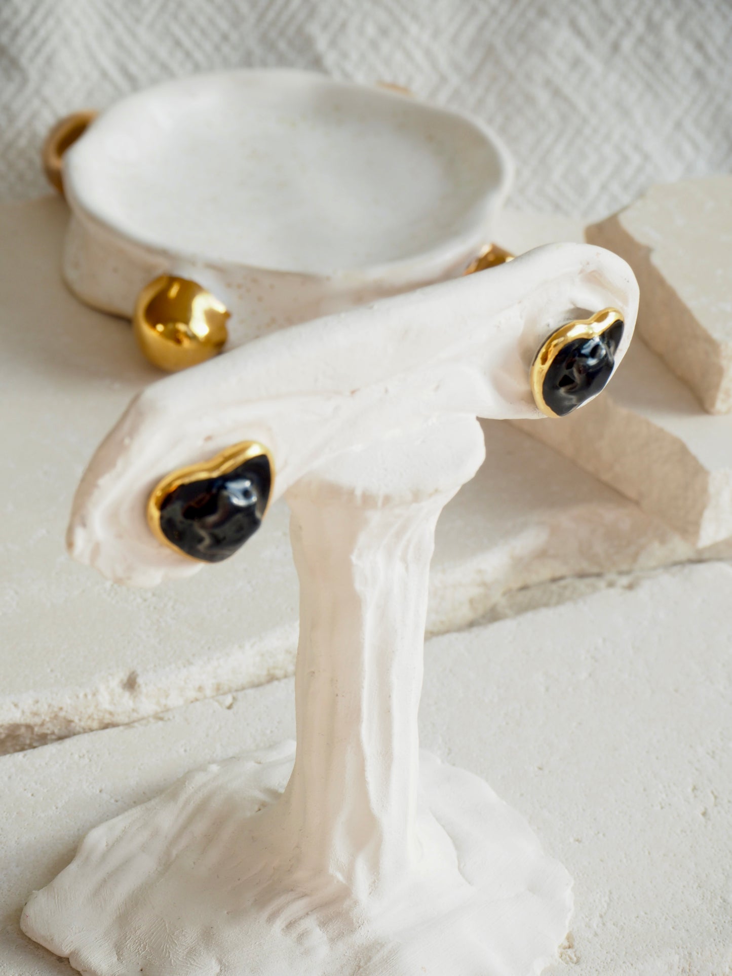 Small Handmade Porcelain Heart Stud coloured with “Black” glossy glazes with 24k Gold lustre details