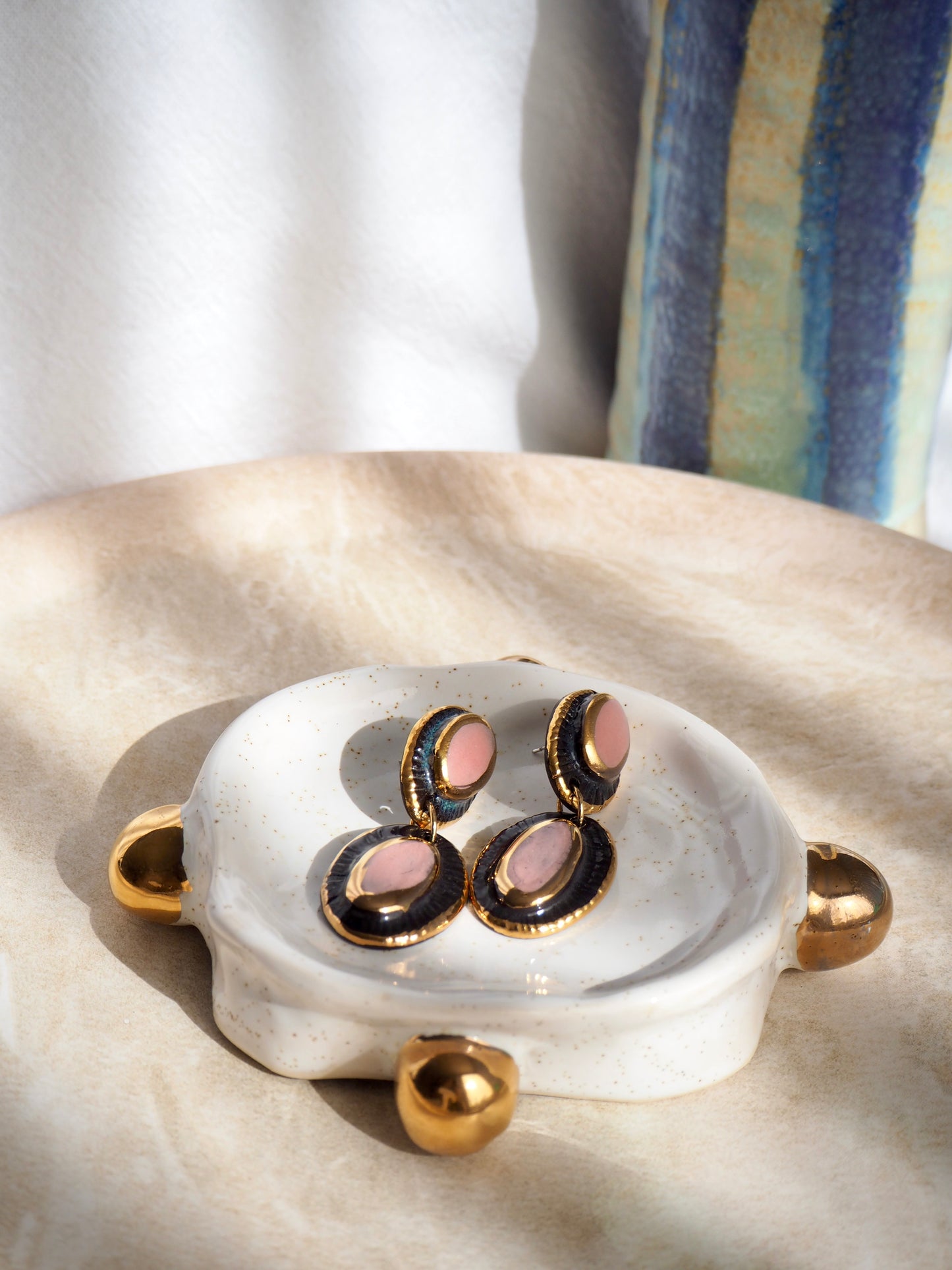 Pietra Collection handmade Black Ceramic Earrings coloured using pink glaze with 24k gold lustre details