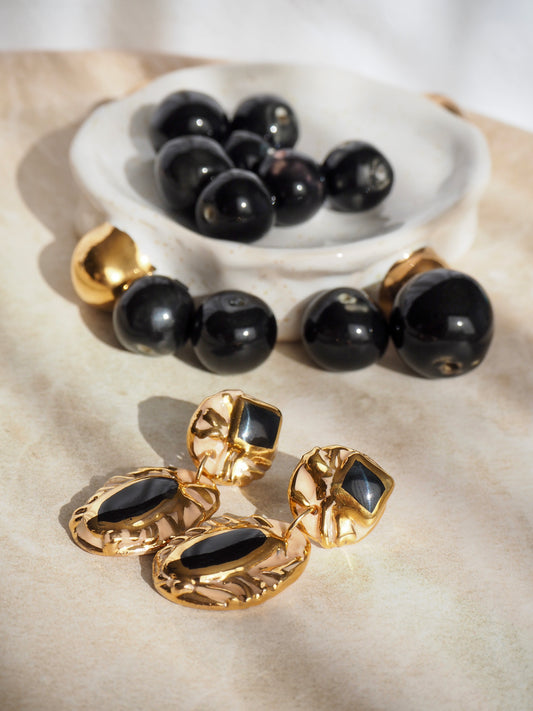 Pietra Collection handmade Porcelain Earrings coloured with black glossy glaze with 24k gold lustre details