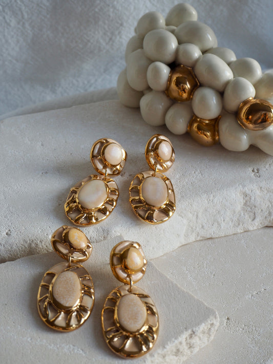 Pietra Collection handmade Porcelain Earrings coloured with Cream and Fading White glossy glaze with 24k gold lustre details