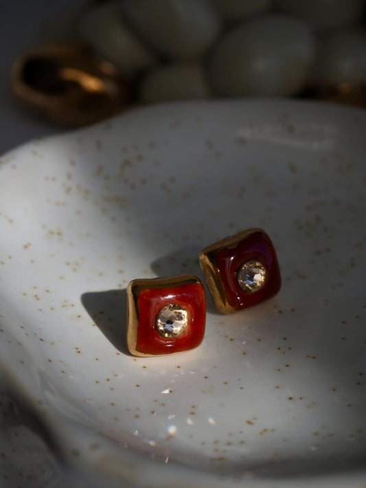 “Supernova” Brown Small Square Handmade Porcelain Studs with 24k Gold lustre rims and Swarovskis Crystal.