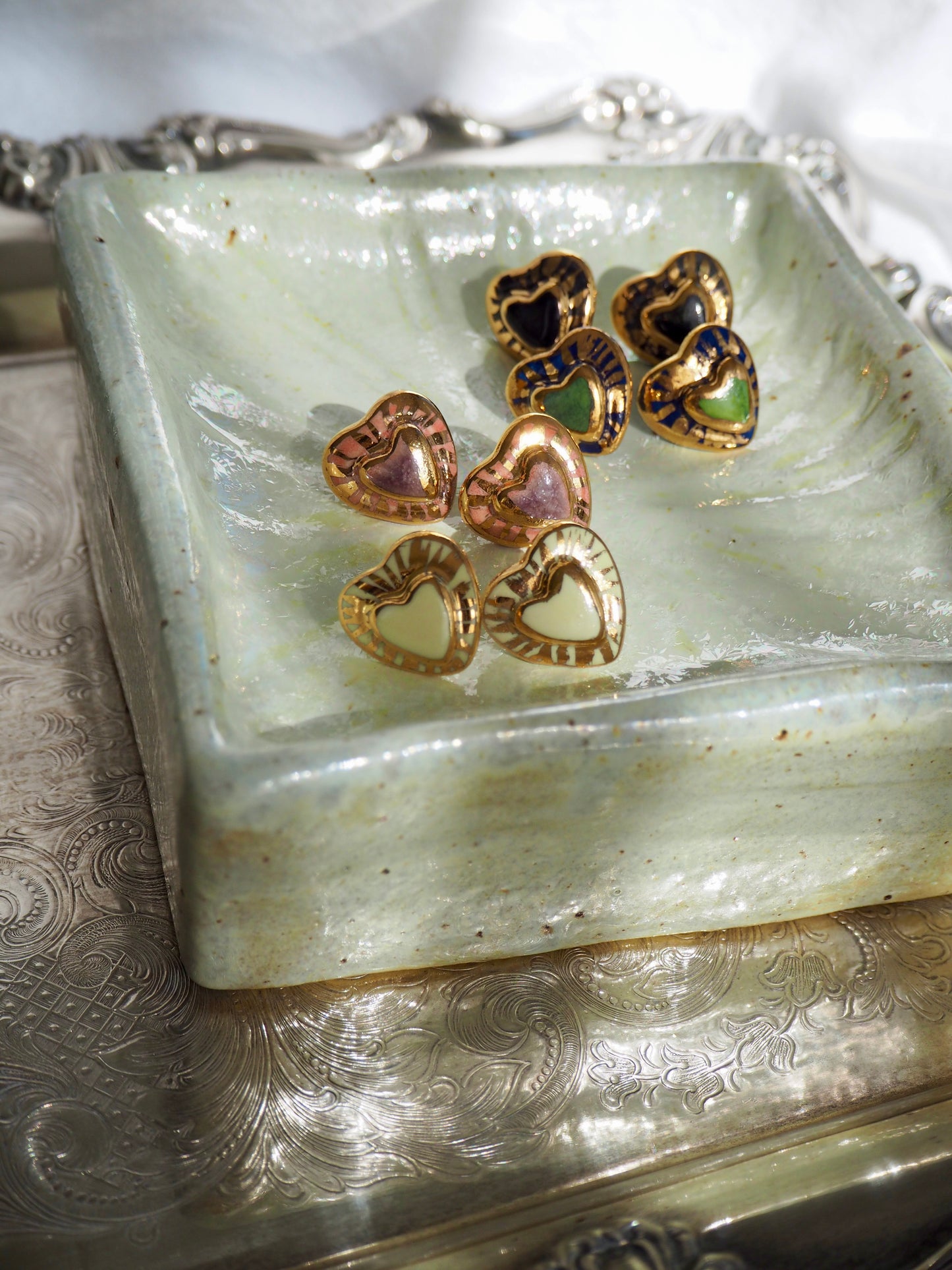 Small Handmade Porcelain Heart Stud coloured with “Dark Green and Blue” underglazes covered by glossy clear glaze with 24k Gold lustre rays