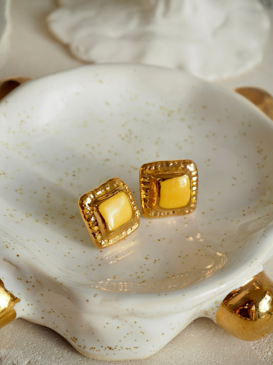“il Quadrato” Small Handmade Porcelain Studs coloured with Yellow glossy glaze with 24k Gold lustre details