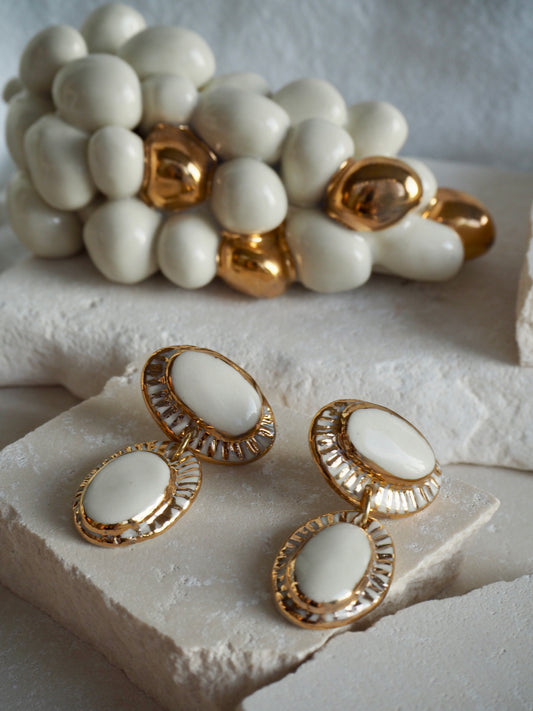 White Dunes “Anima” Handmade Porcelain Earrings with White glaze on White porcelain with 24k gold lustre rays