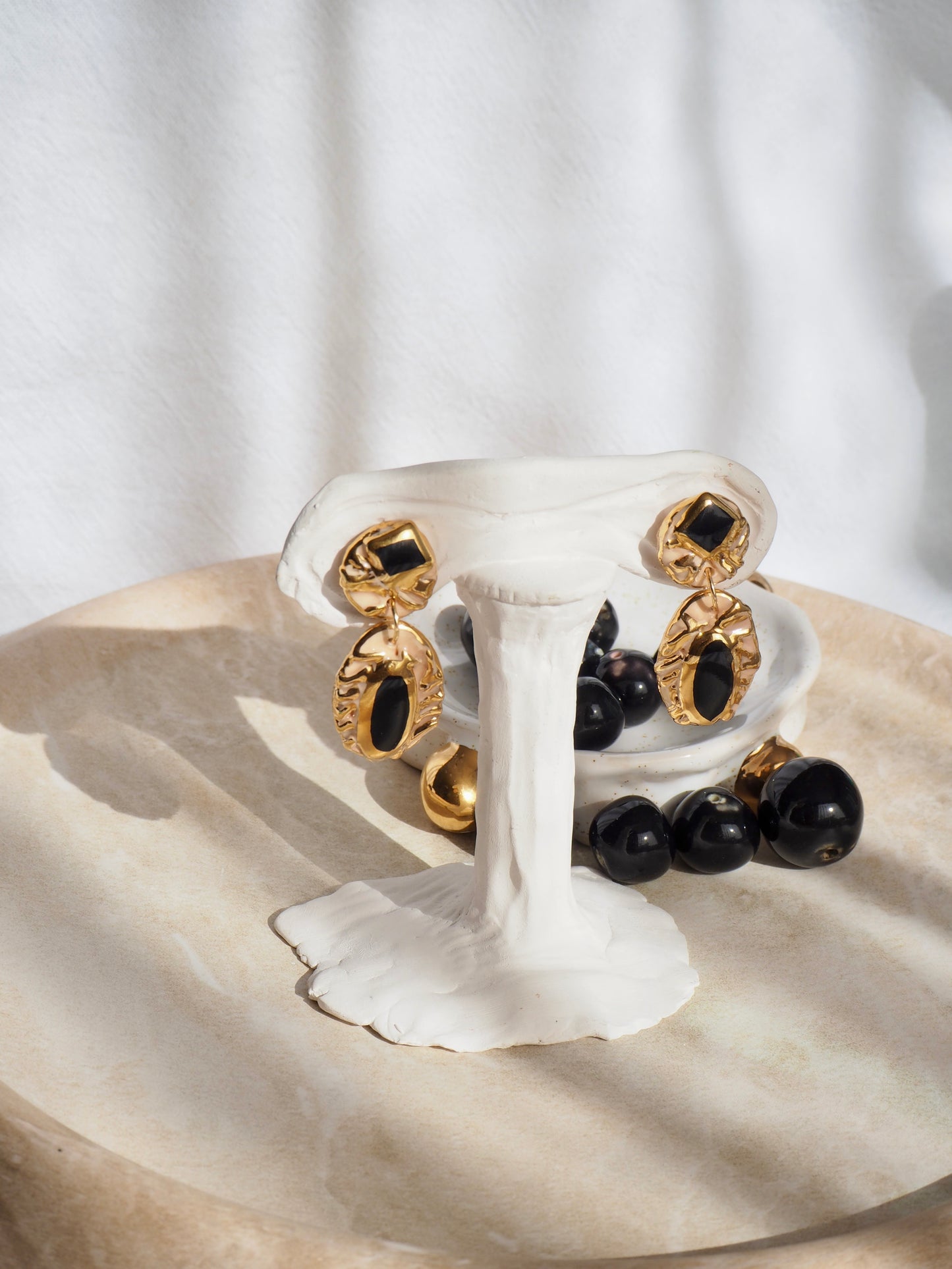 Pietra Collection handmade Porcelain Earrings coloured with black glossy glaze with 24k gold lustre details