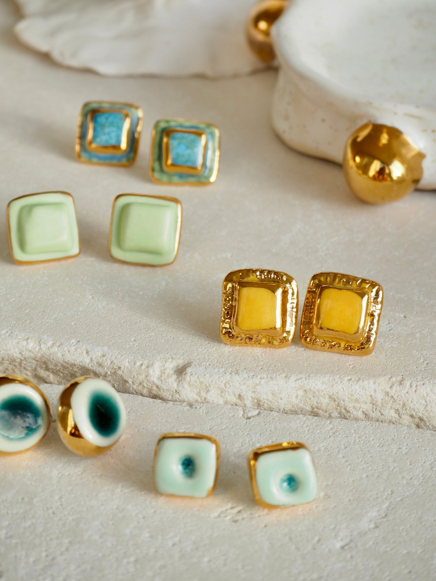“il Quadrato” Small Handmade Porcelain Studs coloured with Yellow glossy glaze with 24k Gold lustre details