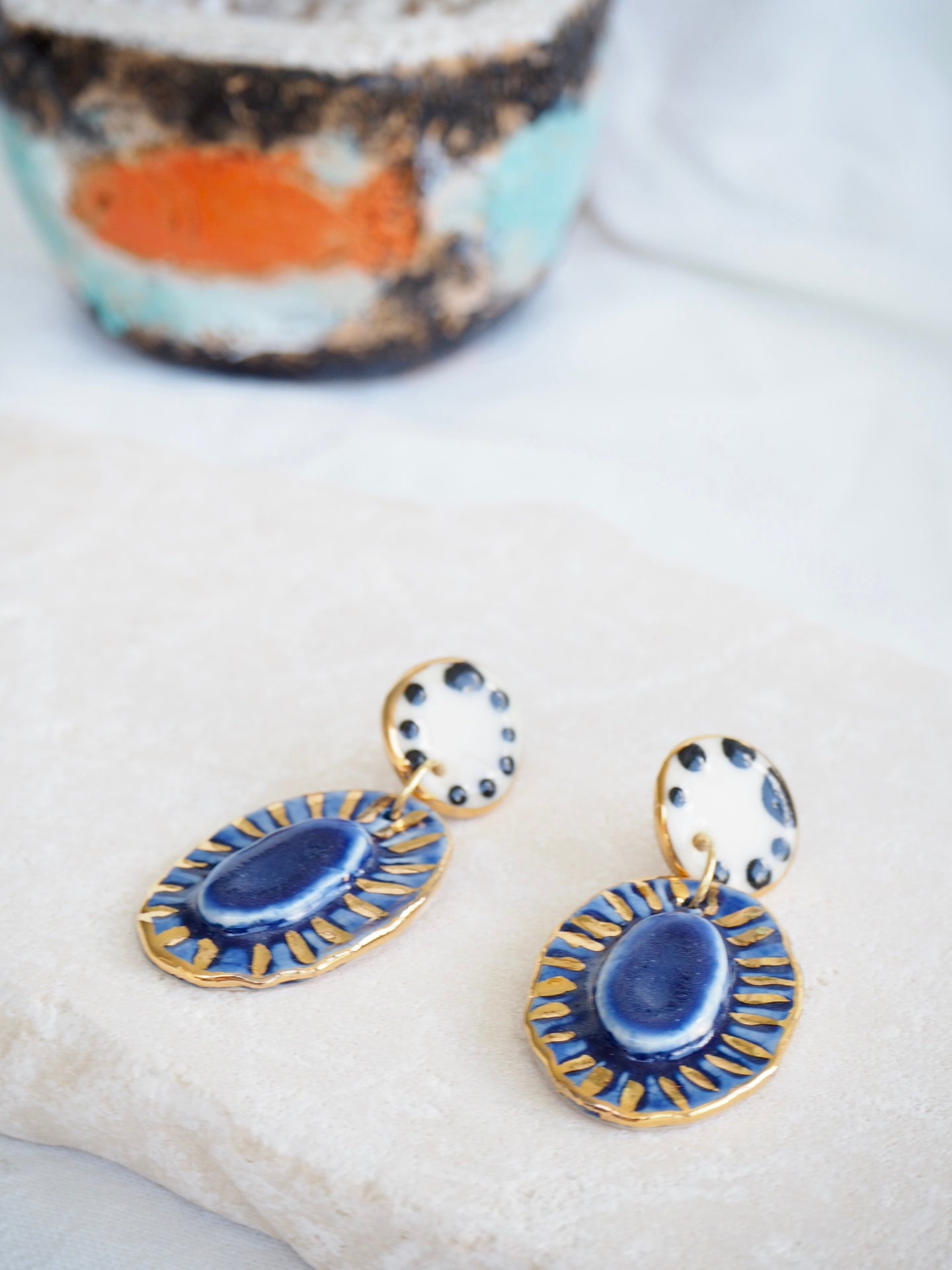 “Golden Rays” Blue & Black and white Porcelain Earrings in “Royal Blue” and “Nero” ceramic stain under clear glaze for glossy look