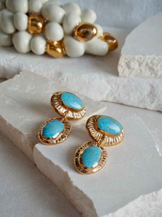 Whitehaven “Anima” Handmade Porcelain Earrings with Parchment underglaze and Sea Blue glaze with 24k gold lustre rays