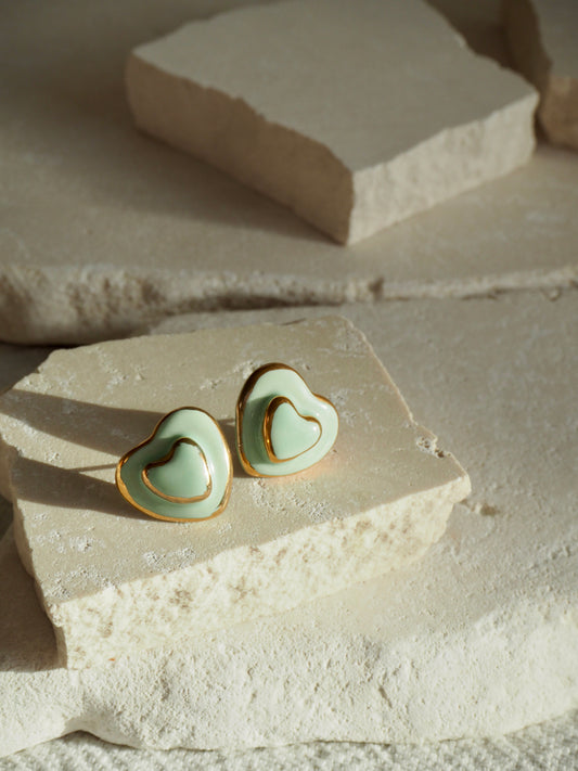 Small Handmade Porcelain Heart Stud coloured with “Light Sade” matt glaze with 24k Gold lustre details