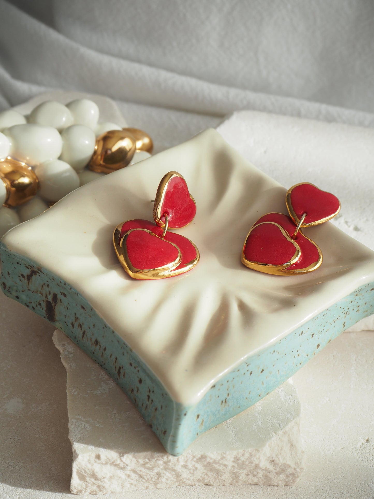 Handmade Porcelain Heart Earrings coloured with Glossy Red glaze with 24k Gold lustre rims