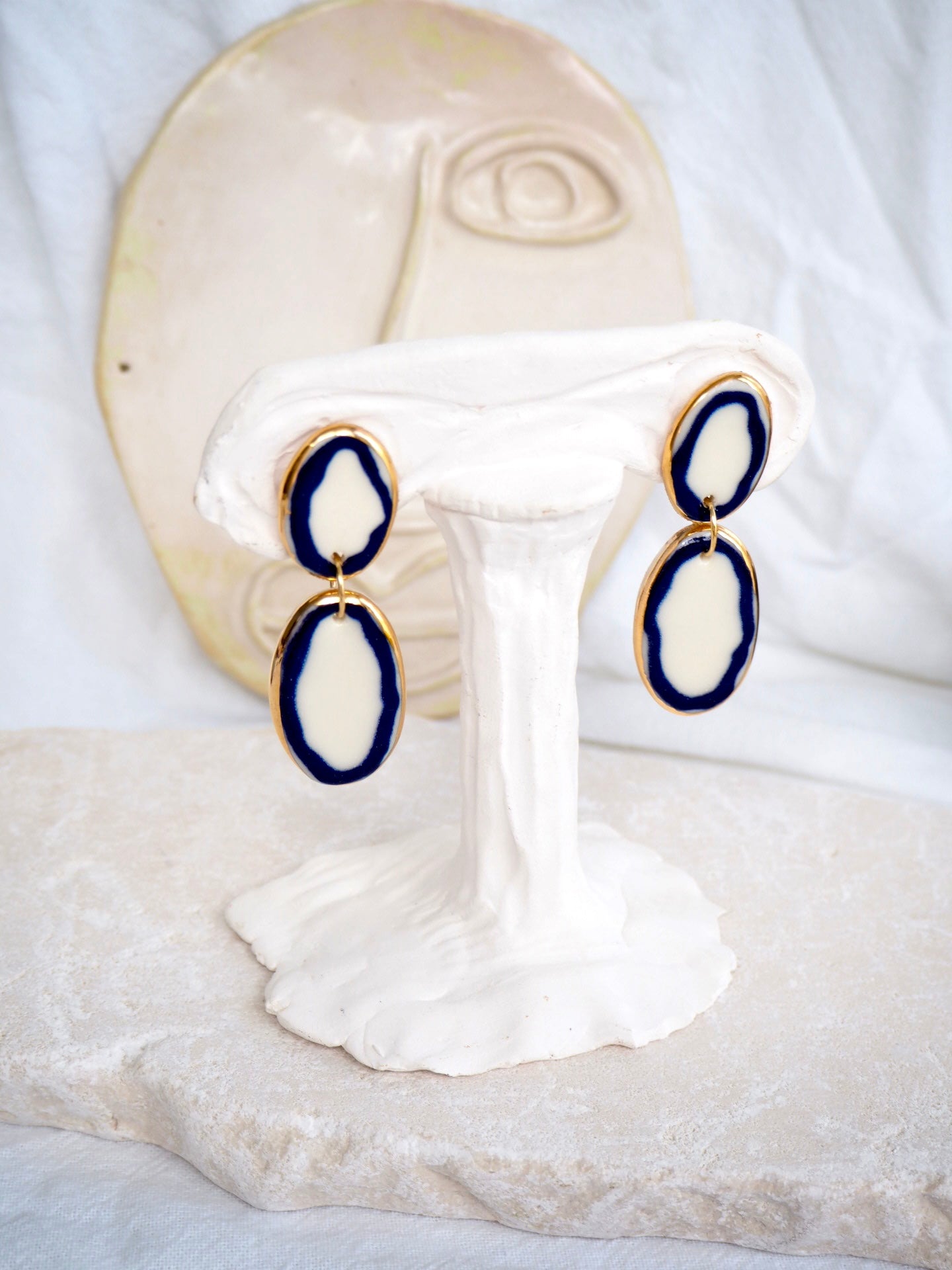Royal Edge Blue and white Porcelain Earrings in “Royal Blue” ceramic stain under clear glaze for glossy look