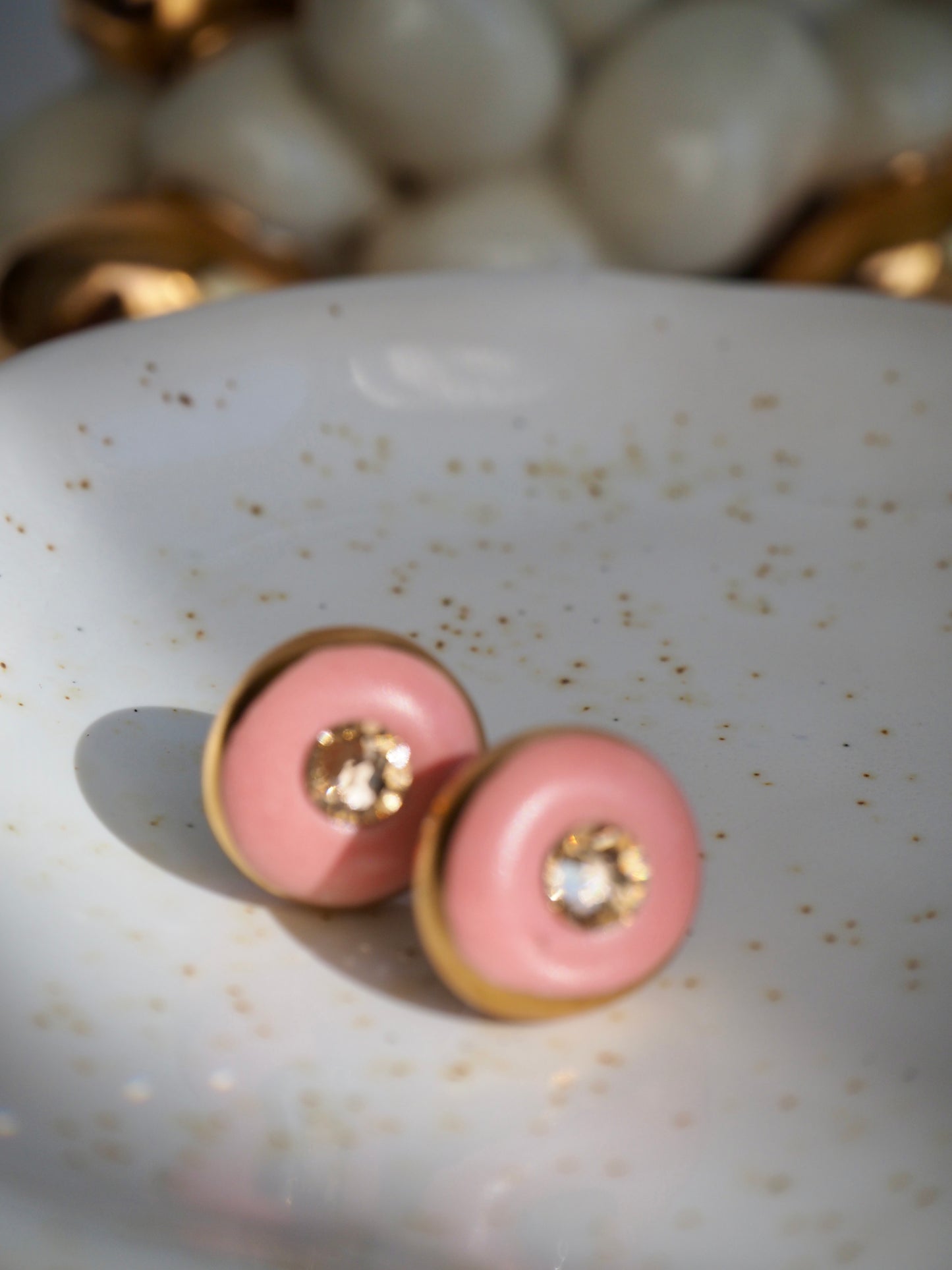 “Supernova” Pink Small Handmade Porcelain Studs with 24k Gold lustre rims and Swarovskis Cristals