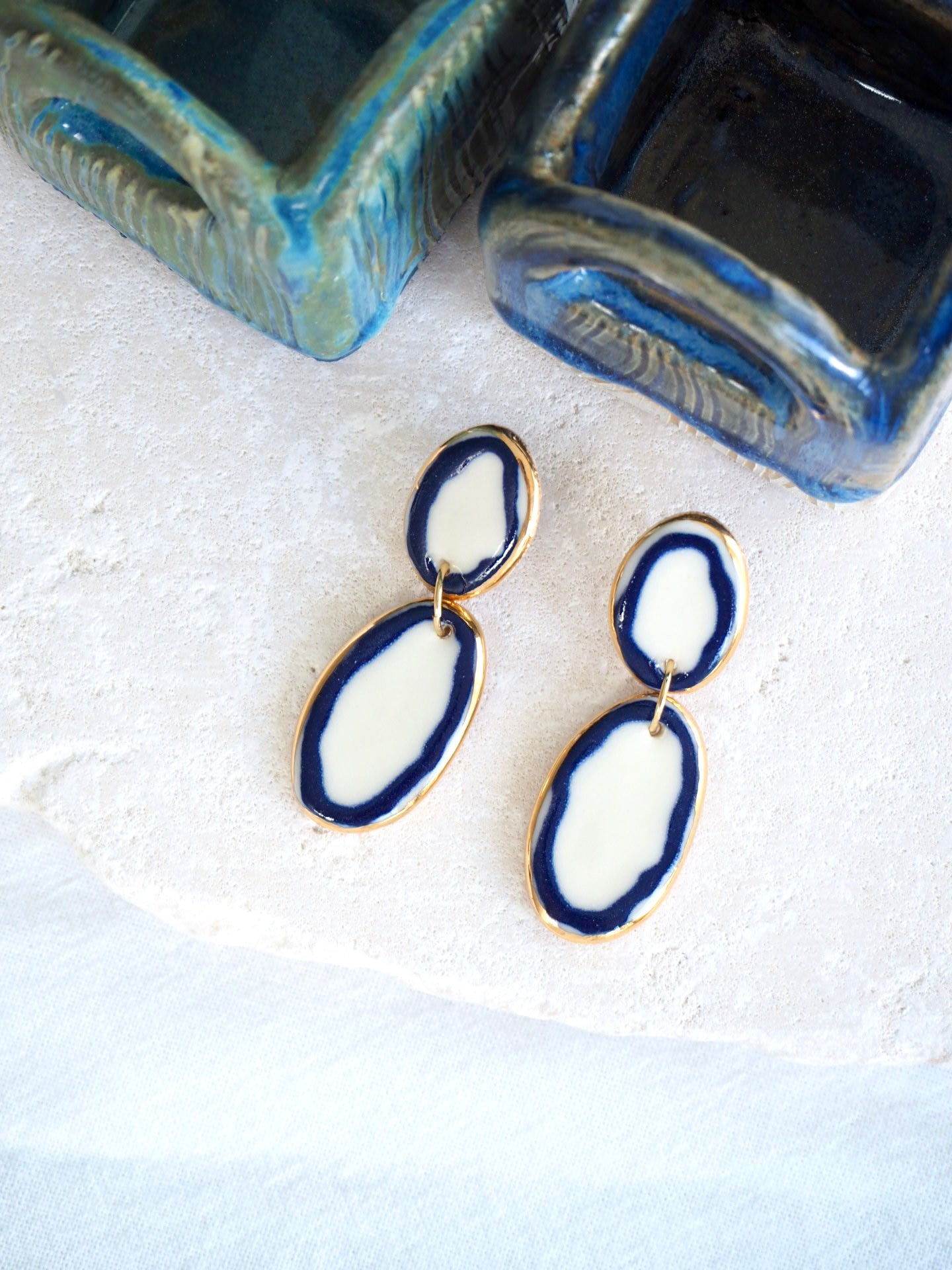 Royal Edge Blue and white Porcelain Earrings in “Royal Blue” ceramic stain under clear glaze for glossy look