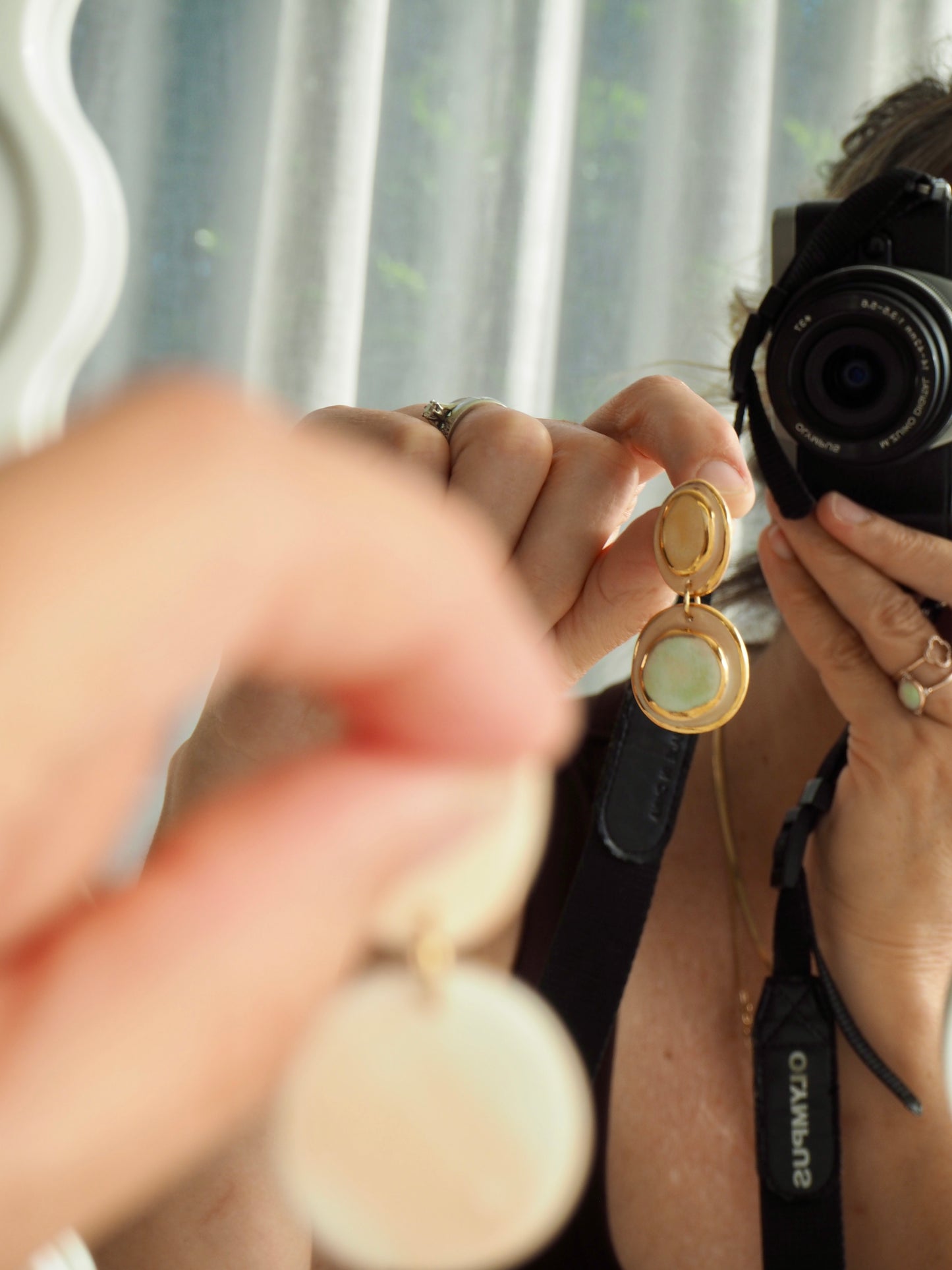 Femminilità Porcelain Earrings in Pale Lime and Mint Green coloured glossy glaze on Parchment underglaze with 24k Gold lustre textured rims