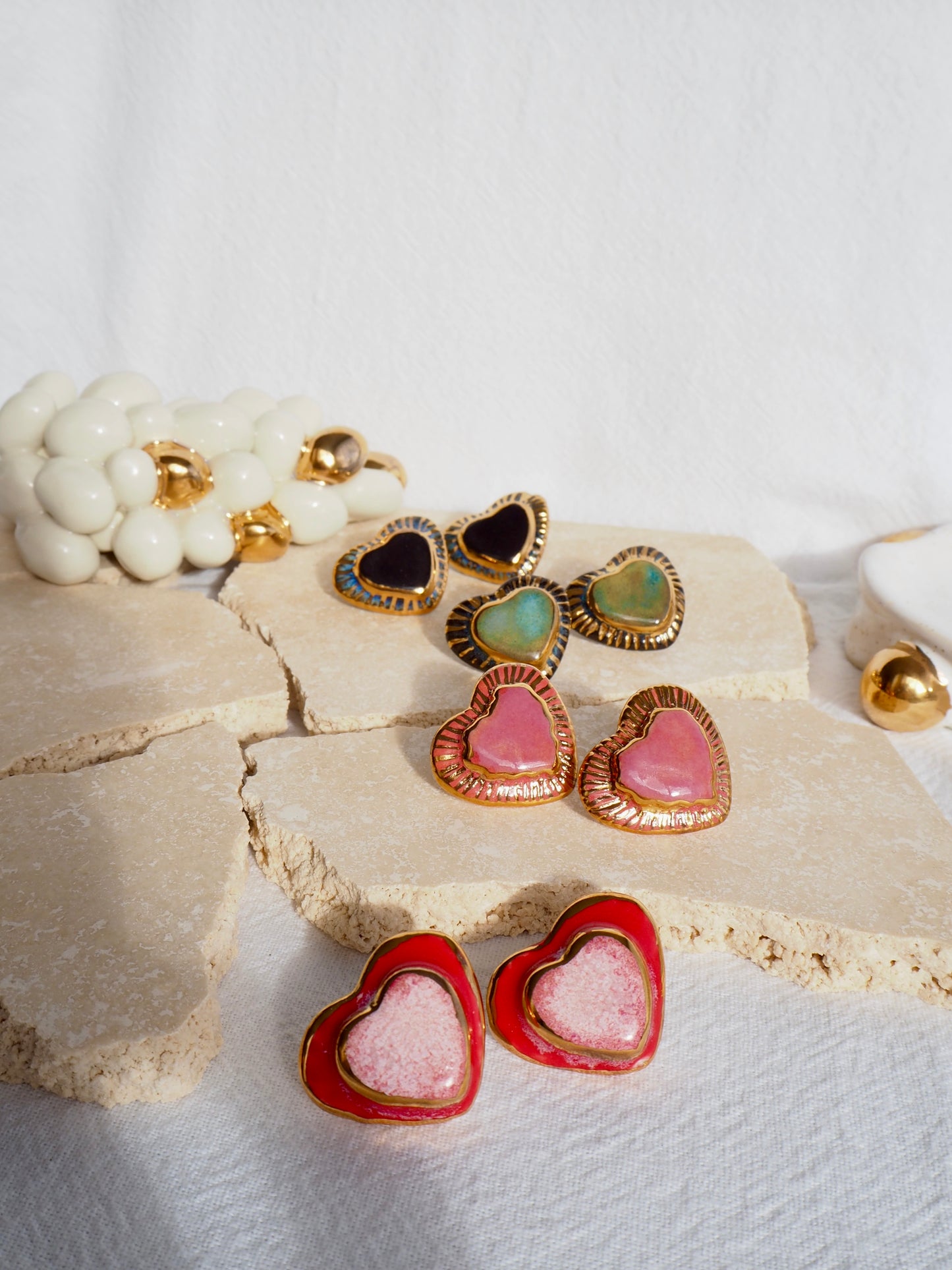 Porcelain Heart Earrings in Red and Light Pink glossy glazes & 24k Gold lustre rim