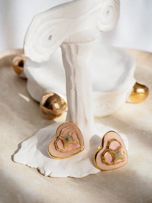 Clip-on Porcelain Heart Earrings in light Pink & matte light green coloured glaze with 24k Gold lustre details