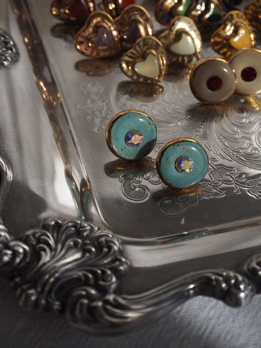 “Bigger Supernova” Speckled Aqua Large Handmade Porcelain Studs with 24k Gold lustre rims and an Swarovskis Crystal