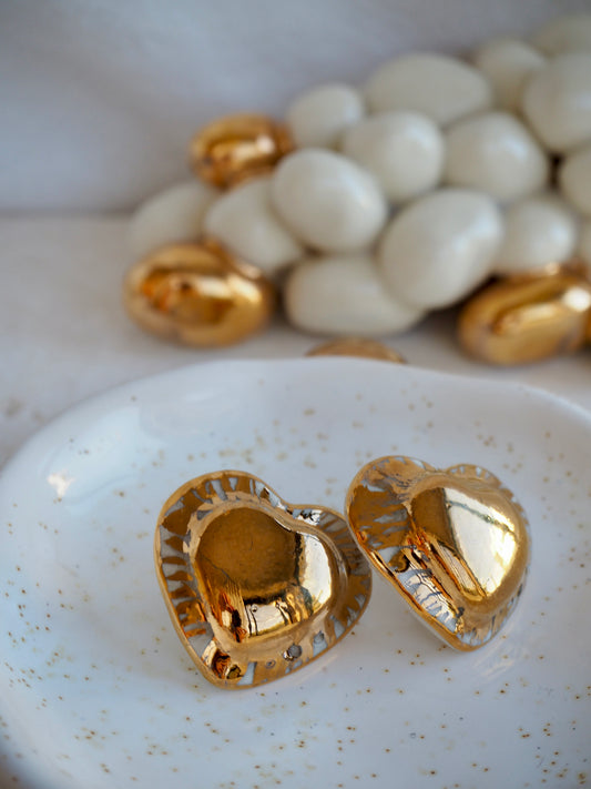Large Handmade Porcelain Heart Stud Earrings coloured with “White” glossy glaze & almost completely cover with 24k Gold lustre