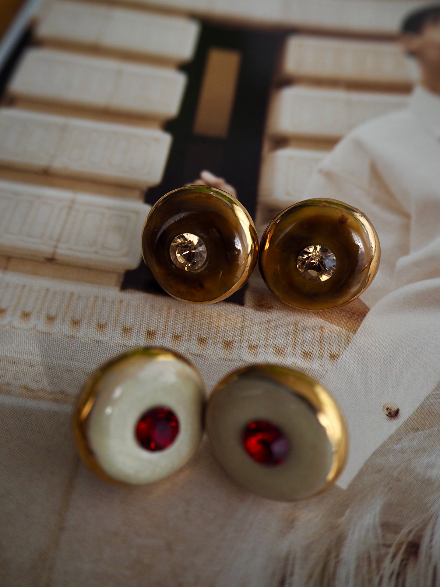 “Bigger Supernova” Light Brown Large Handmade Porcelain Studs with 24k Gold lustre rims and an Swarovskis Crystal
