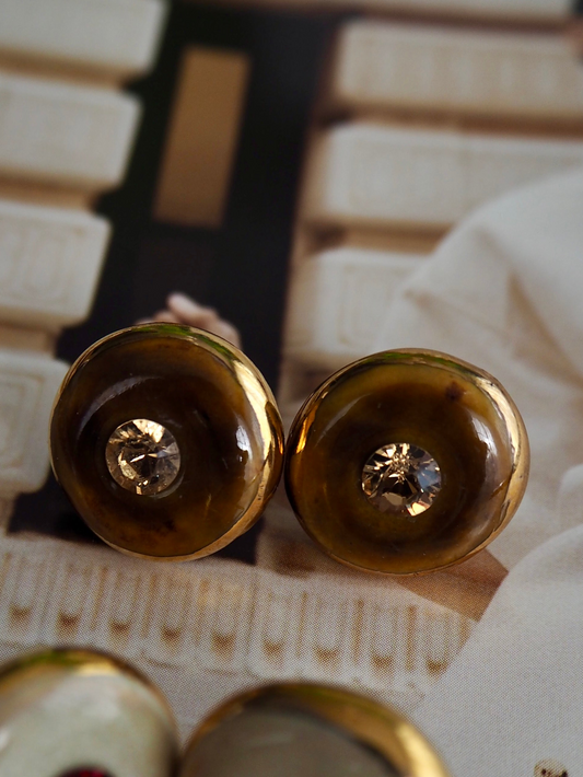 “Bigger Supernova” Light Brown Large Handmade Porcelain Studs with 24k Gold lustre rims and an Swarovskis Crystal