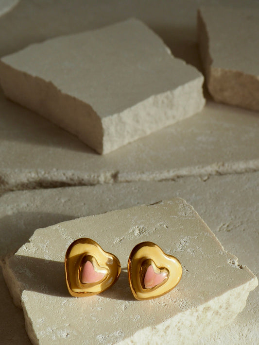 Small Handmade Porcelain Heart Stud coloured with “Light Pink&Orange” glossy glazes with 24k Gold lustre details