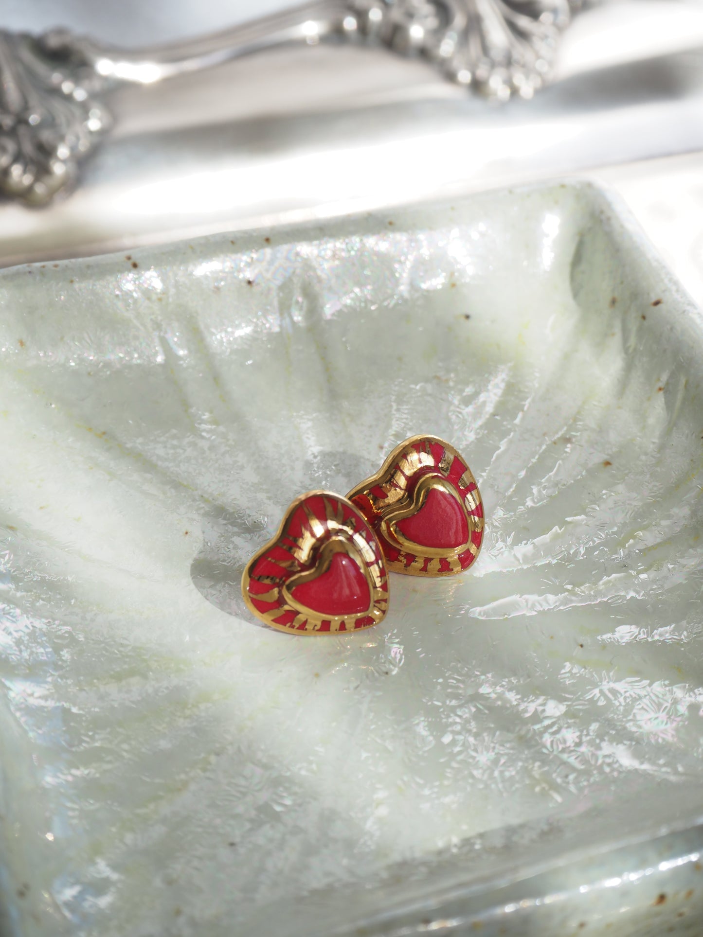 Small Handmade Porcelain Heart Stud coloured with “Bright Red” glossy glaze with 24k Gold lustre rays (Second Pair in Red)