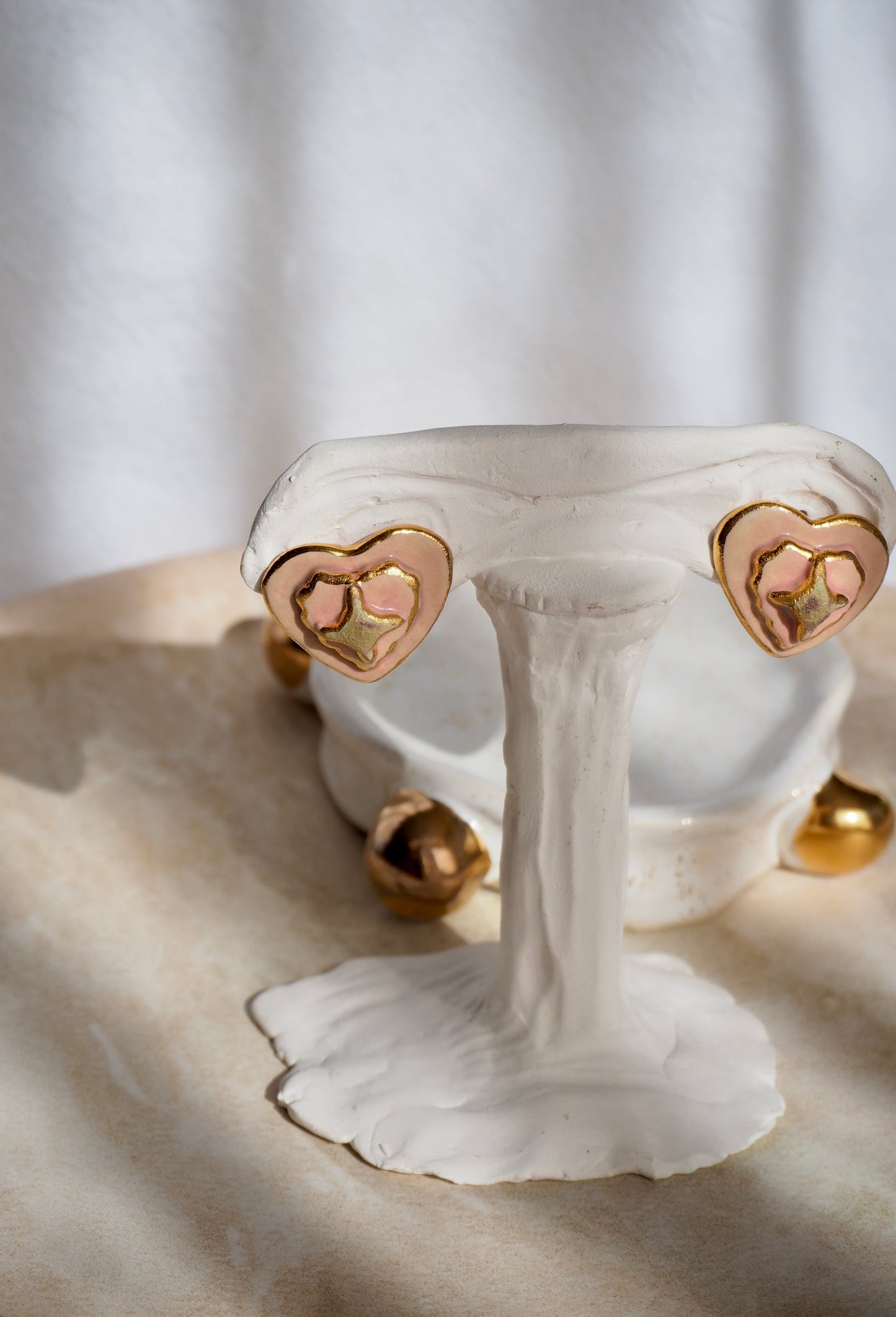 Clip-on Porcelain Heart Earrings in light Pink & matte light green coloured glaze with 24k Gold lustre details