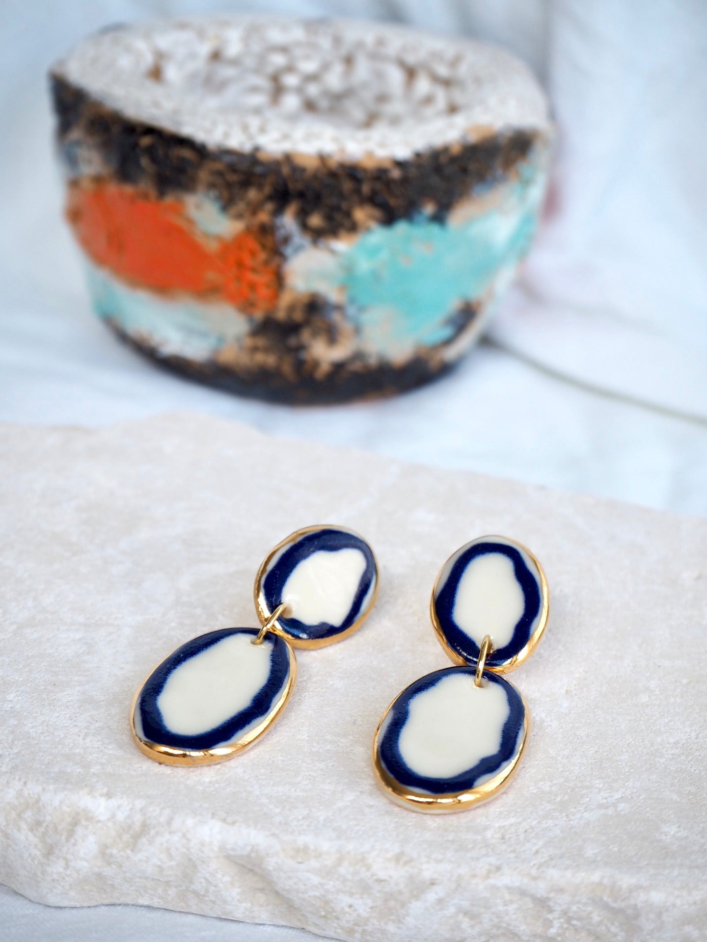 Royal Edge Blue and white Porcelain Earrings in “Royal Blue” ceramic stain under clear glaze for glossy look