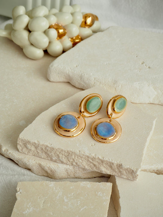 Femminilità Porcelain Earrings in Green and Blue coloured glossy glaze on Parchment underglaze with 24k Gold lustre textured rims