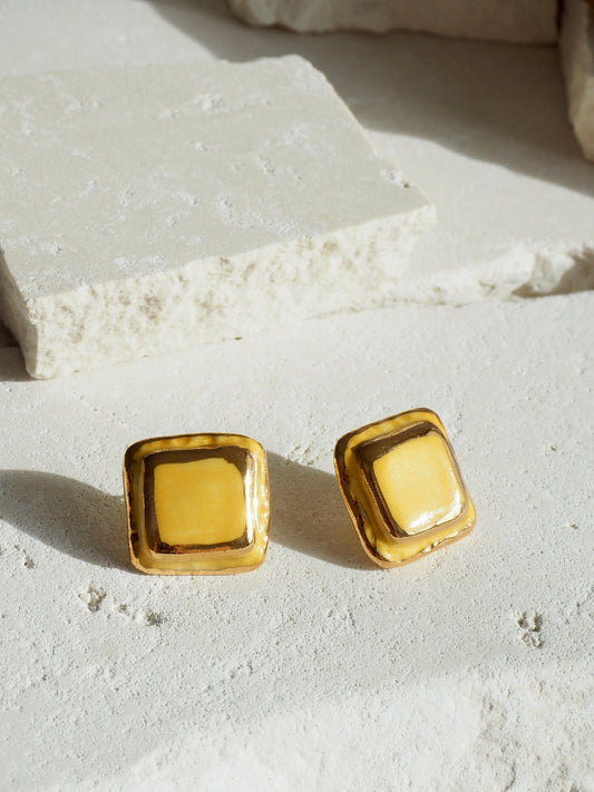 “il Quadrato” Medium Handmade Porcelain Studs coloured with “Yellow” glossy glaze with 24k Gold lustre details