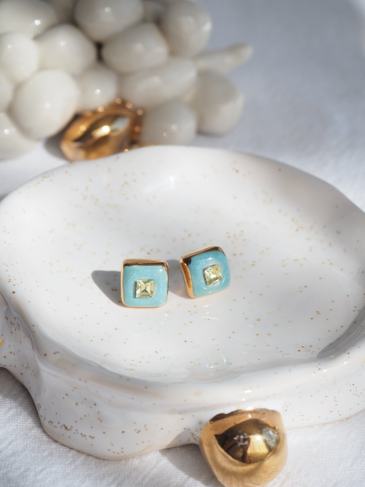 “Supernova” Aqua Green Small Square Handmade Porcelain Studs with 24k Gold lustre rims and Swarovskis Crystal