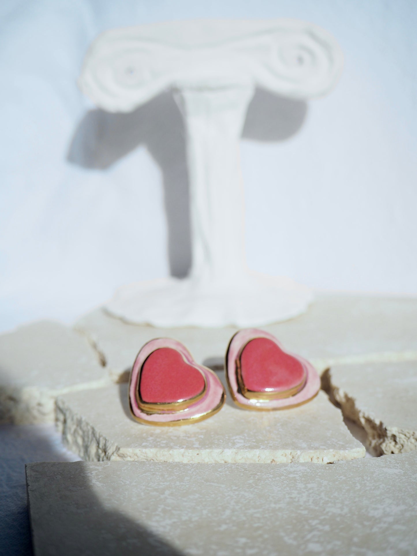Porcelain Heart Earrings in Light Pink and Red glossy glazes & 24k Gold lustre rim