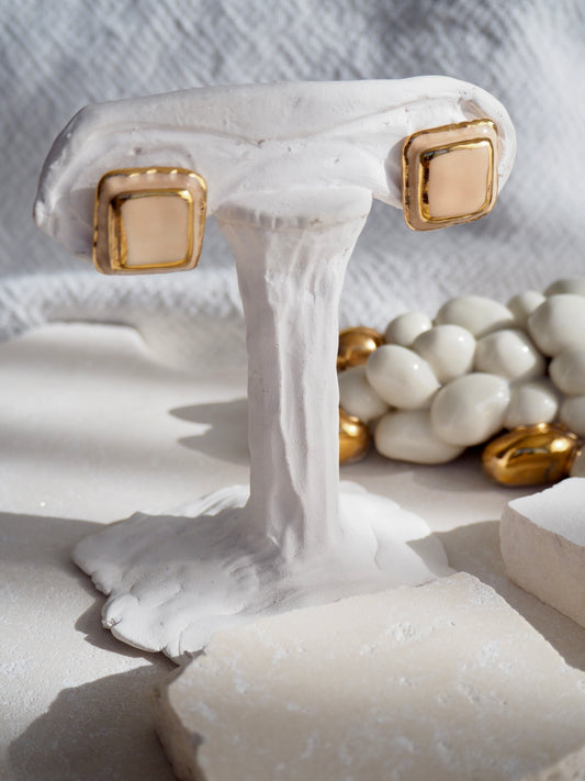 “il Quadrato” Medium Handmade Porcelain Studs coloured with “Light Beige” glossy glaze with 24k Gold lustre details