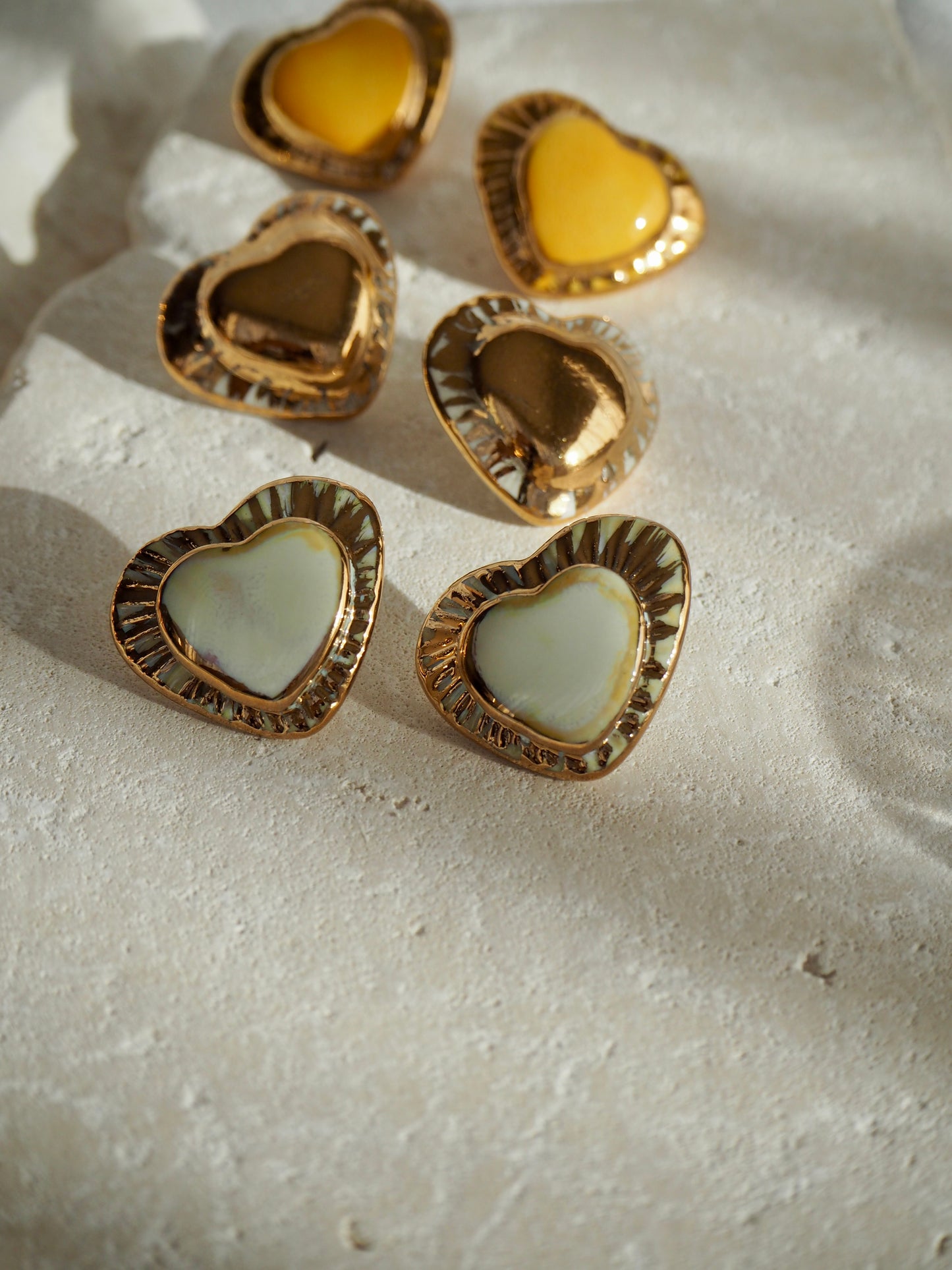Large Handmade Porcelain Heart Stud Earrings coloured with “Bright Yellow” glossy glaze & 24k Gold lustre details