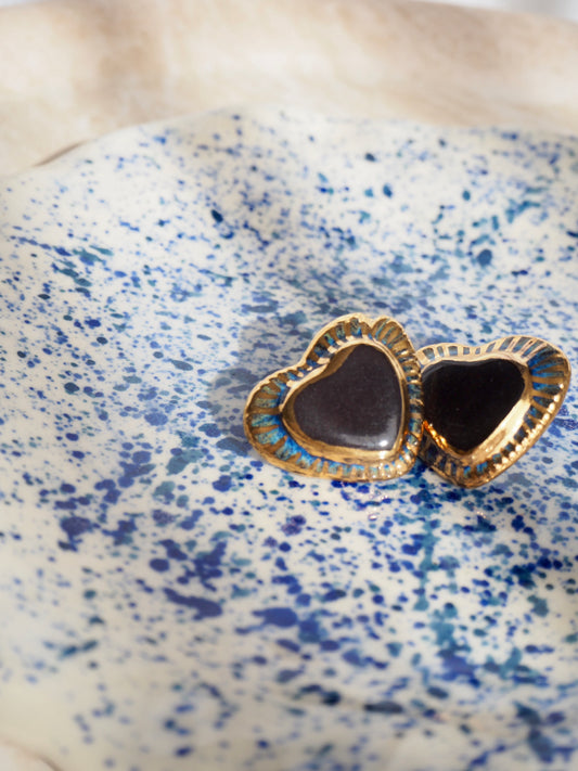 Black Clay Heart Earrings with blue glossy glazes & 24k Gold lustre rim