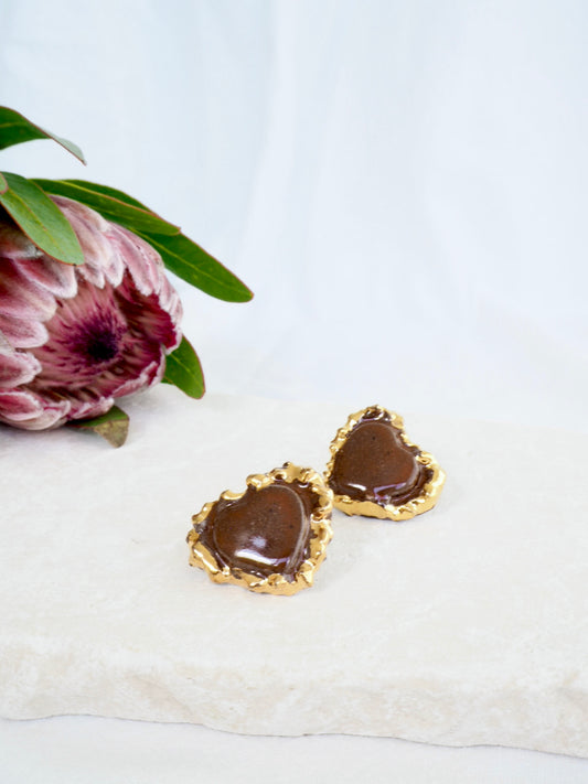 Porcelain Heart Earrings in “Deep Sienna” glossy coloured glaze & 24k Gold lustre rim
