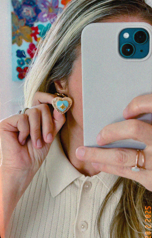 Porcelain Heart Earrings in “Parchment” coloured underglaze & Blue pearl glaze with 24k Gold lustre hand painted details