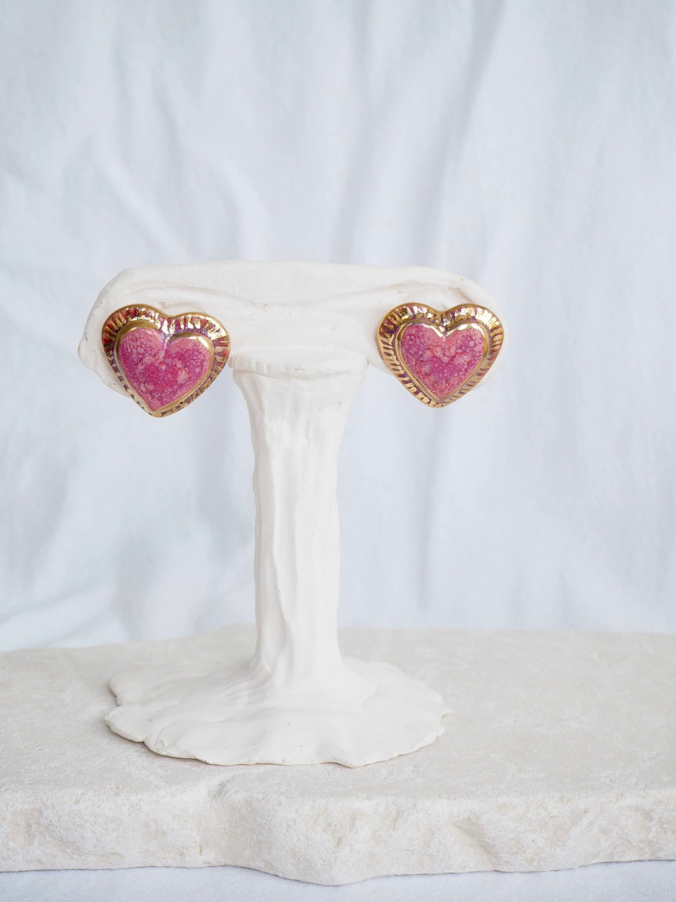 Porcelain Heart Earrings in “Raspberry Mist” coloured glaze in matte finish with 24k Gold lustre hand painted details