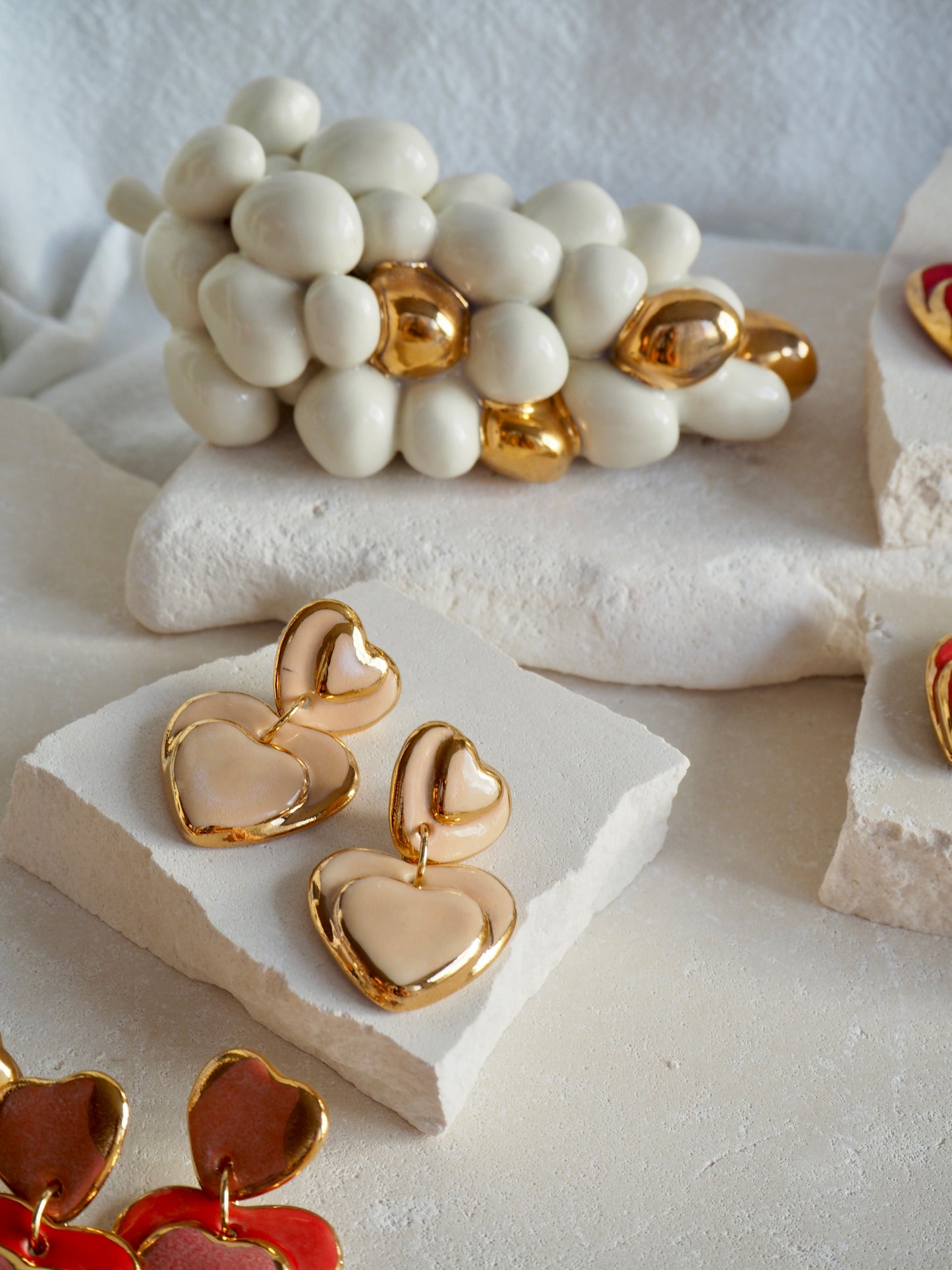 Handmade Porcelain Heart Earrings faded White Hearts on Parchment underglaze glaze with 24k Gold lustre rims