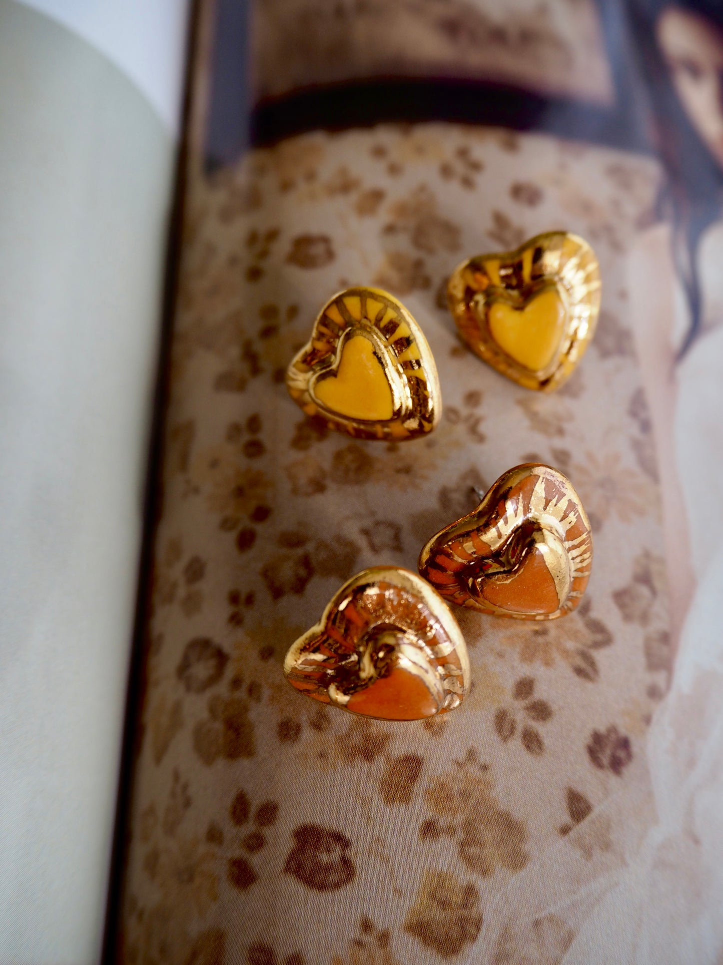 Small Handmade Porcelain Heart Stud coloured with “Mustard Yellow” glossy glaze with 24k Gold lustre rays