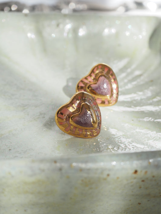 Small Handmade Porcelain Heart Stud coloured with “Lavender and Pink” underglazes covered by glossy clear glaze with 24k Gold lustre rays