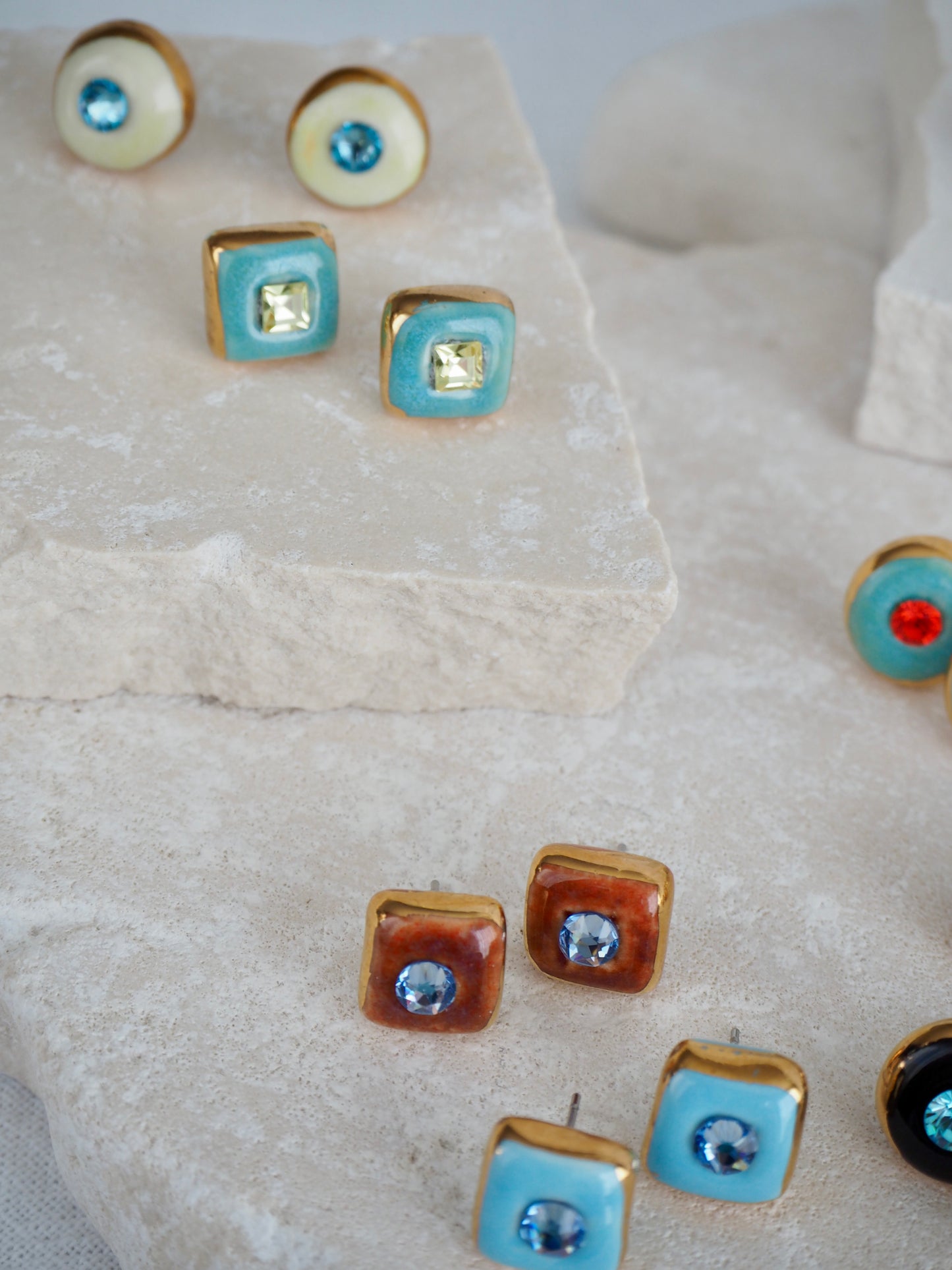 “Supernova” Aqua Green Small Square Handmade Porcelain Studs with 24k Gold lustre rims and Swarovskis Crystal