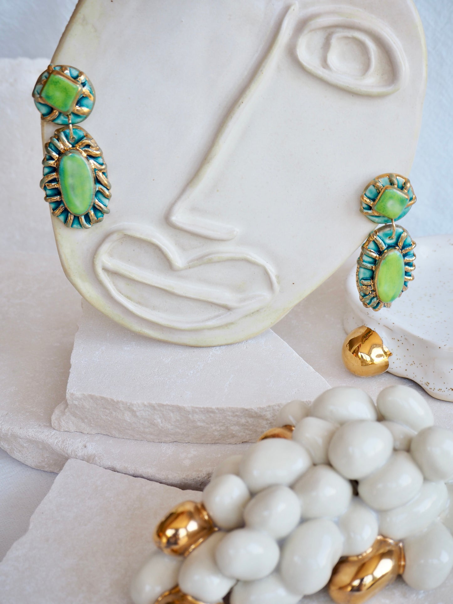 Pietra Collection handmade Porcelain Earrings coloured with Lime Green and Blue glossy glaze with 24k gold lustre details