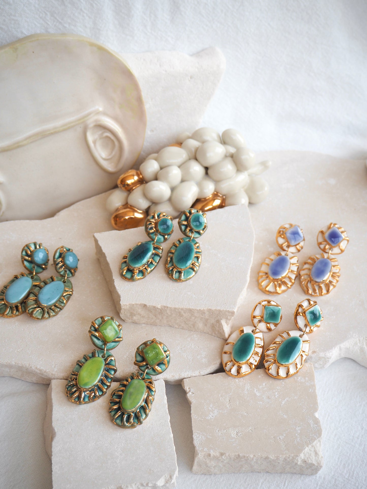 Pietra Collection handmade Porcelain Earrings coloured with Lime Green and Blue glossy glaze with 24k gold lustre details