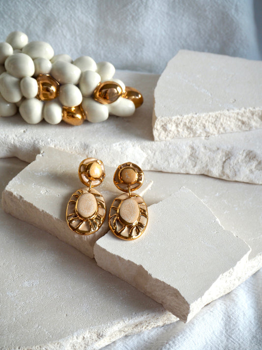 Pietra Collection handmade Porcelain Earrings coloured with Shades of Cream glossy glaze with 24k gold lustre details