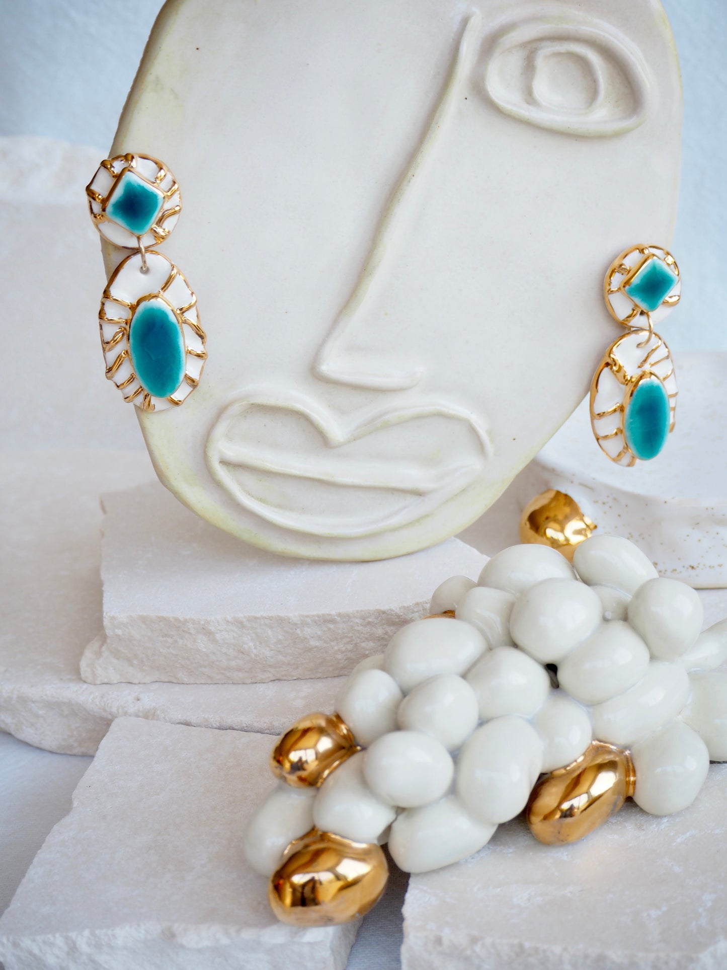 Pietra Collection handmade Porcelain Earrings coloured with Jade and White glossy glaze with 24k gold lustre details