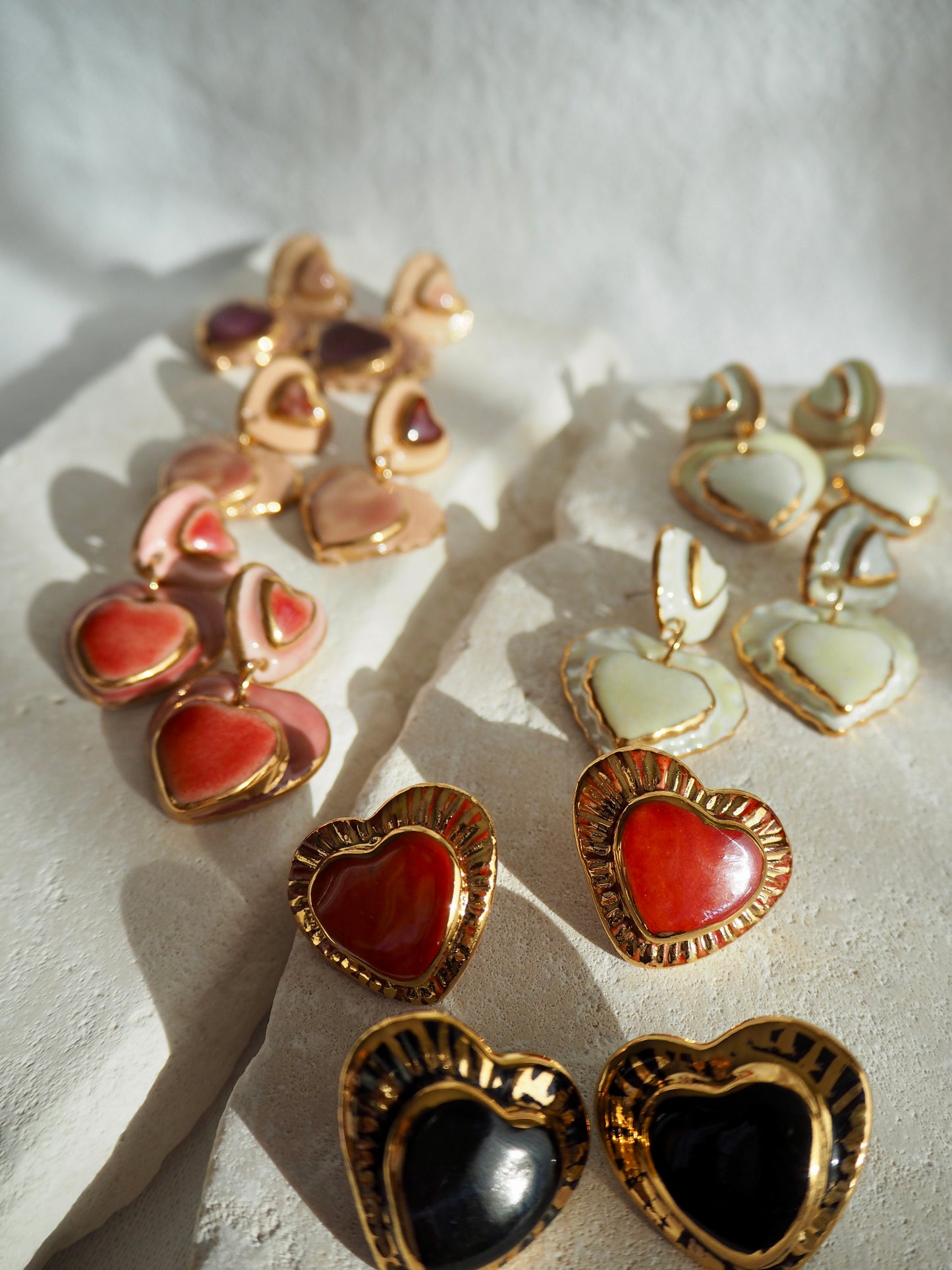 Large Handmade Porcelain Heart Stud Earrings coloured with “Black” glossy glaze & 24k Gold lustre details