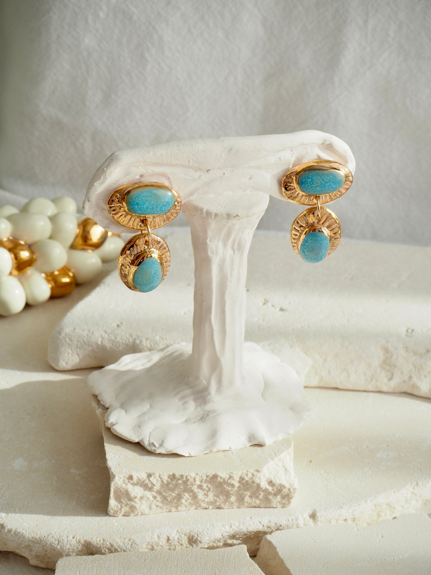 Whitehaven “Anima” Handmade Porcelain Earrings with Parchment underglaze and Sea Blue glaze with 24k gold lustre rays