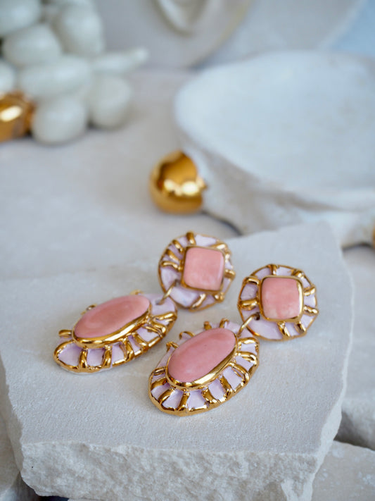 Pietra Collection handmade Porcelain Earrings coloured with Bubble Gum light Pink glossy glaze with 24k gold lustre details